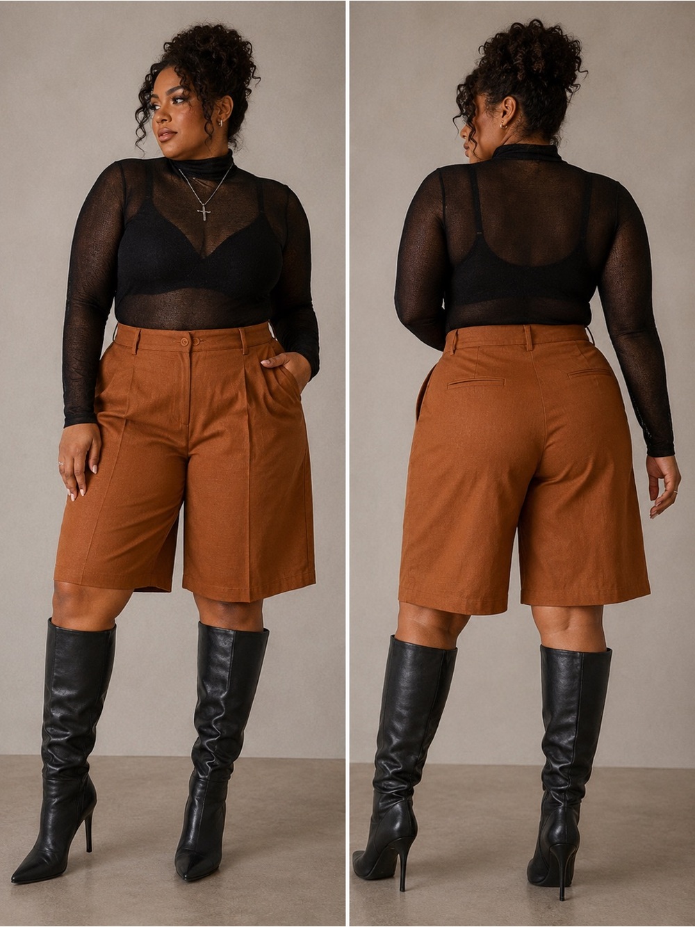 High-Waist Rust Brown Bermuda Shorts